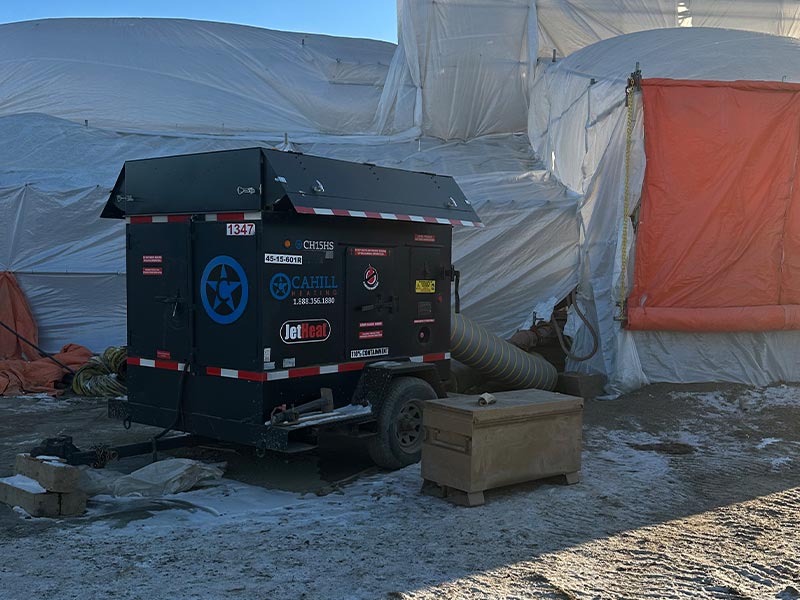 Cahill jet heater used for temporary heat hoarding